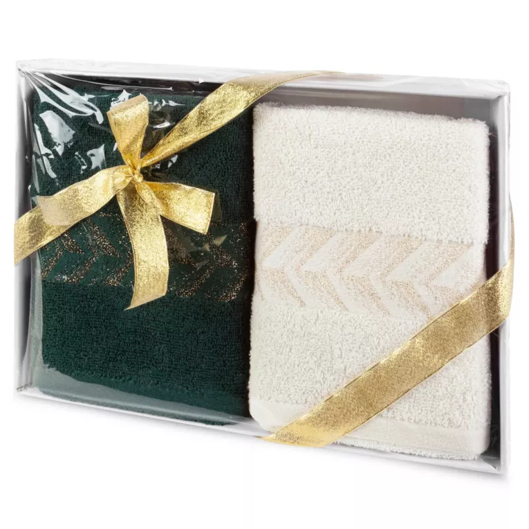 Zestaw ręczników bawełnianych na prezent 2 szt 50x90 cm kolor kremowy, ciemnozielony 450 g/m2 GLOW
