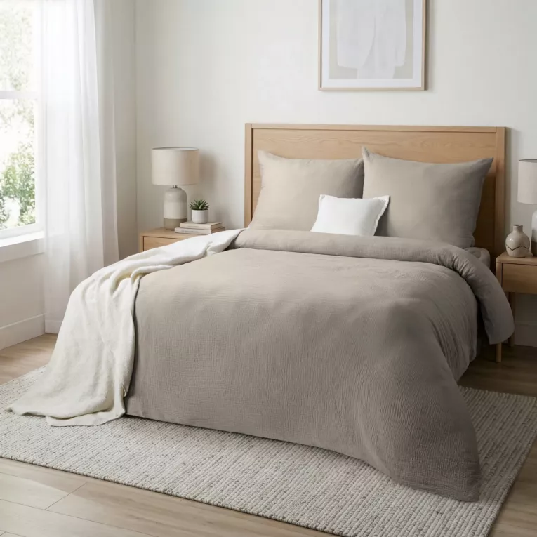 Pościel 160x200 cm komplet 3 częściowy muślin kolor ciemnobeżowy - MUSLIN