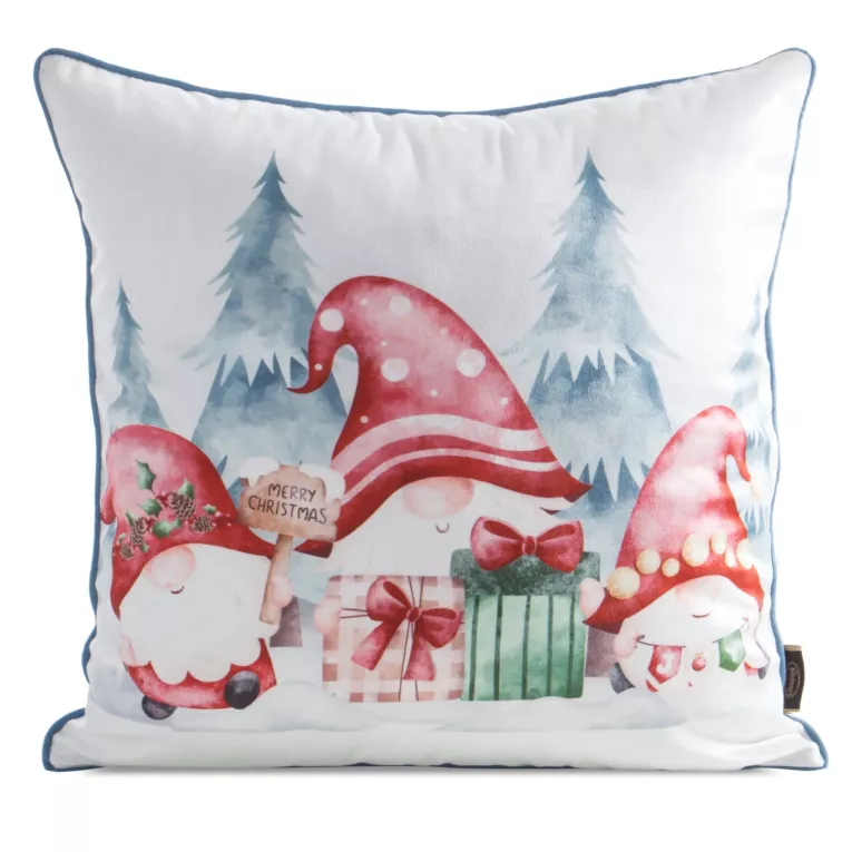 Poszewka na poduszkę świąteczna 45x45 cm biało, czerwona zdobiona uroczym nadrukiem krasnali i elegancką wypustką