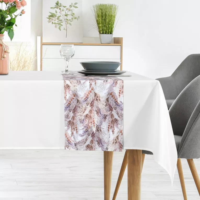 Komplet obrus z bieżnikiem biało, jasnofioletowy 140x260 cm ANITA 4 zdobiony subtelnym wzorem trawy pampasowej