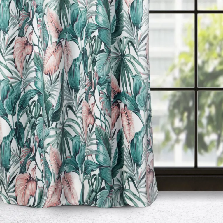 Zasłona zielono, różowa we wzór liści z welwetu 140x250 cm przelotka - MADERA