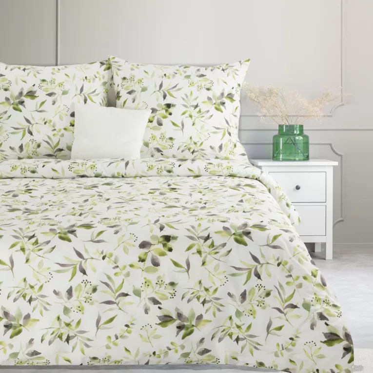 Pościel 140x200 cm bawełniana kolor biały, zielony wzór roślinny MILI