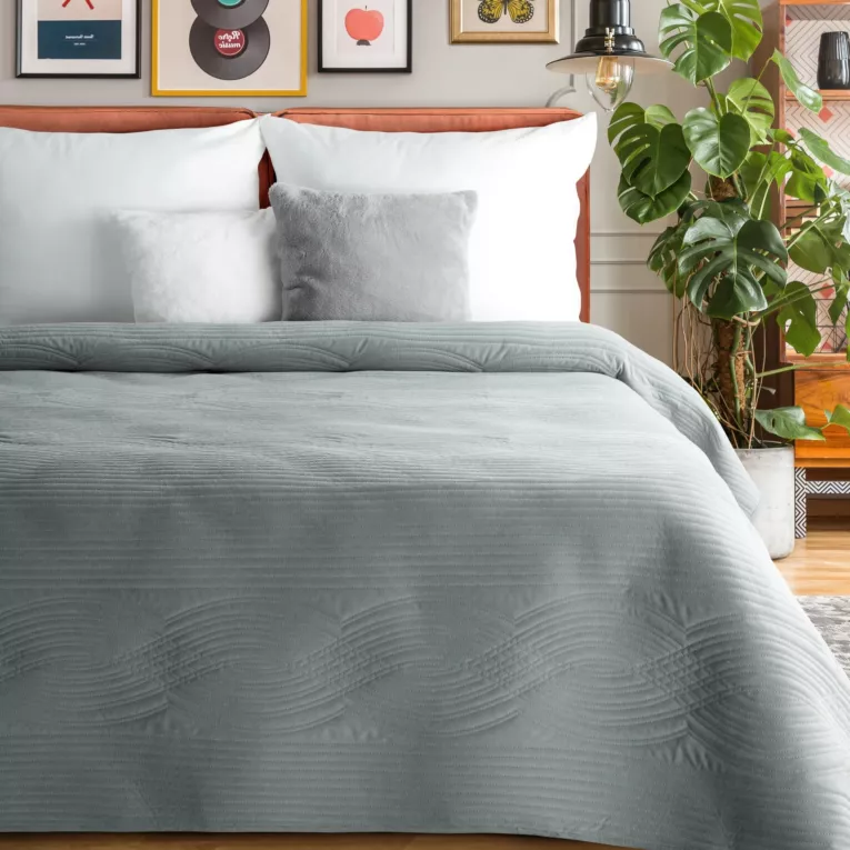 Narzuta welwetowa srebrna 220x240 cm pikowana metodą hot press w wzór geometryczny - VELVET2