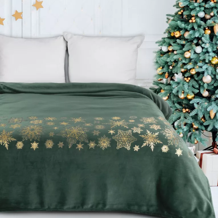 Koc 150x200 cm ciemnozielono, złoty ozdobiony gwiazdkami JOY