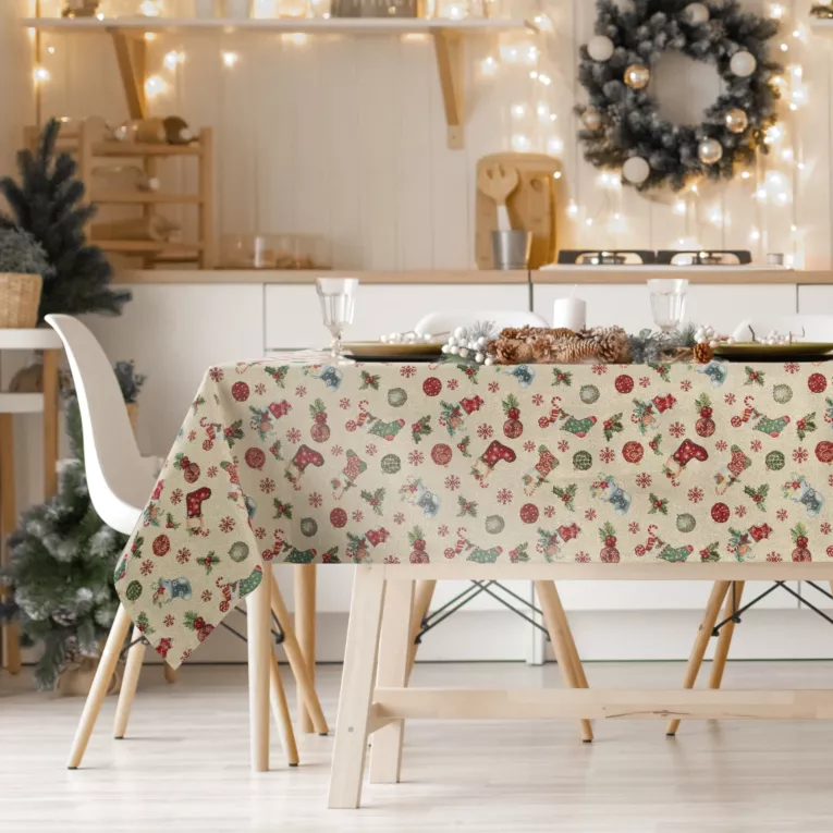 Obrus beżowo, złoty 140x180 cm gobelinowy GIFT z motywem świątecznym