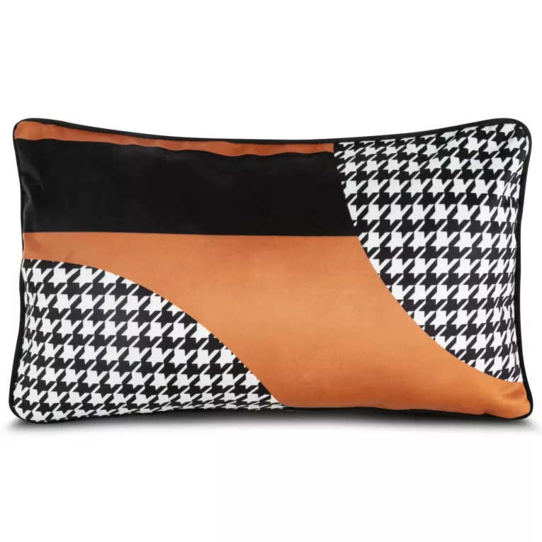 Poduszka 30 x 50 cm welwetowa pomarańczowo, czarna z designerskim nadrukiem i wypustką na brzegach MINGE 1 EVA MINGE