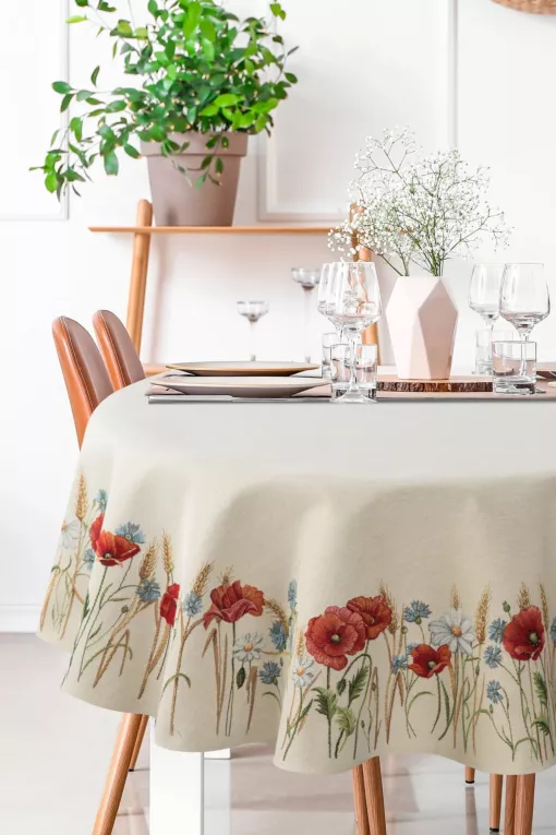 Obrus naturalno, czerwony 140x180 cm gobelinowy z nadrukiem maków