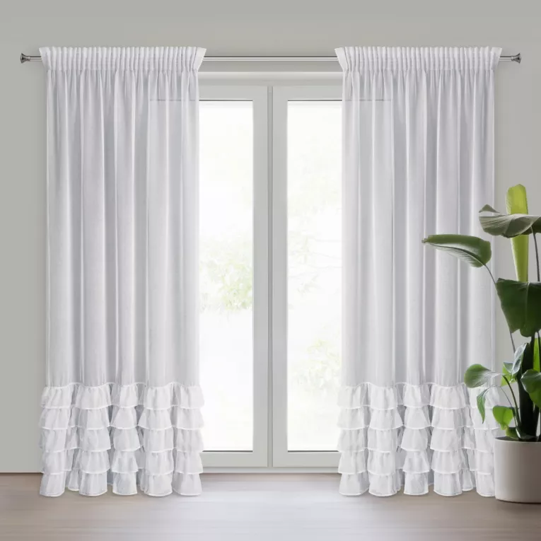 Firana biała z etaminy zdobiona falbanami i lśniącym pasem kryształków 140x270 cm taśma CARLI