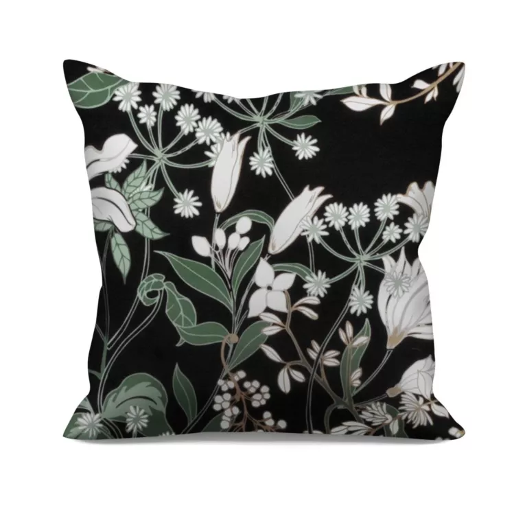 Poszewka szyta czarna miękka, welwetowa tkanina z kwiatowym nadrukiem