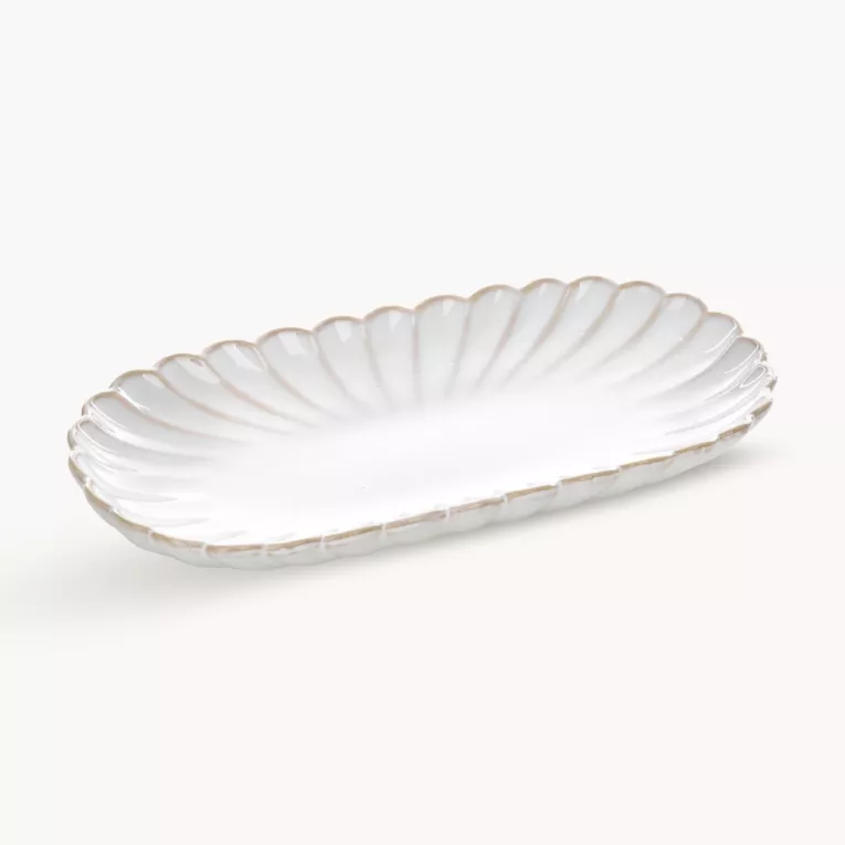 Patera ceramiczna dekoracyjna kremowo-beżowa z przecieranym wzorem w stylu eko 23x12x3 cm AVRIL