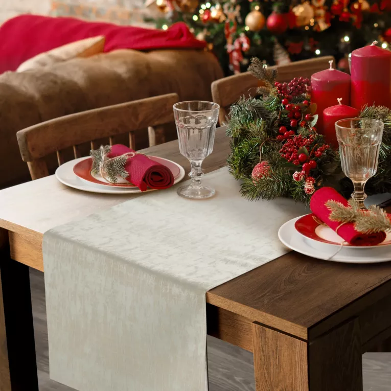 Bieżnik na stół beżowy 40x140 cm żakardowy ALINA z subtelnym delikatnym wzorem przecierki