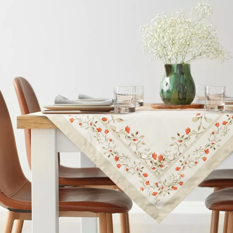 Obrus na stół  90x90 cm kremowo, ciemnopomarańczowy zdobiony letnim nadrukiem SUMMER 17