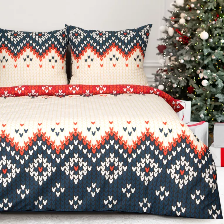 Pościel świąteczna 140x200 cm bawełniana kolor beżowy, granatowy styl skandynawski NORDIC