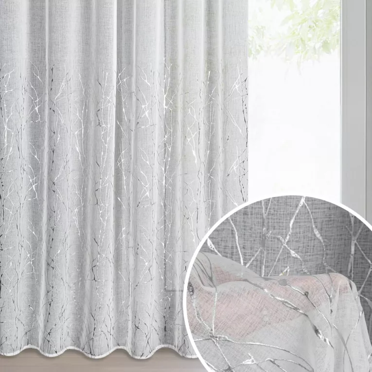 Firana biało, srebrna zdobiona nadrukiem marmurka 140x270 cm taśma MELIA
