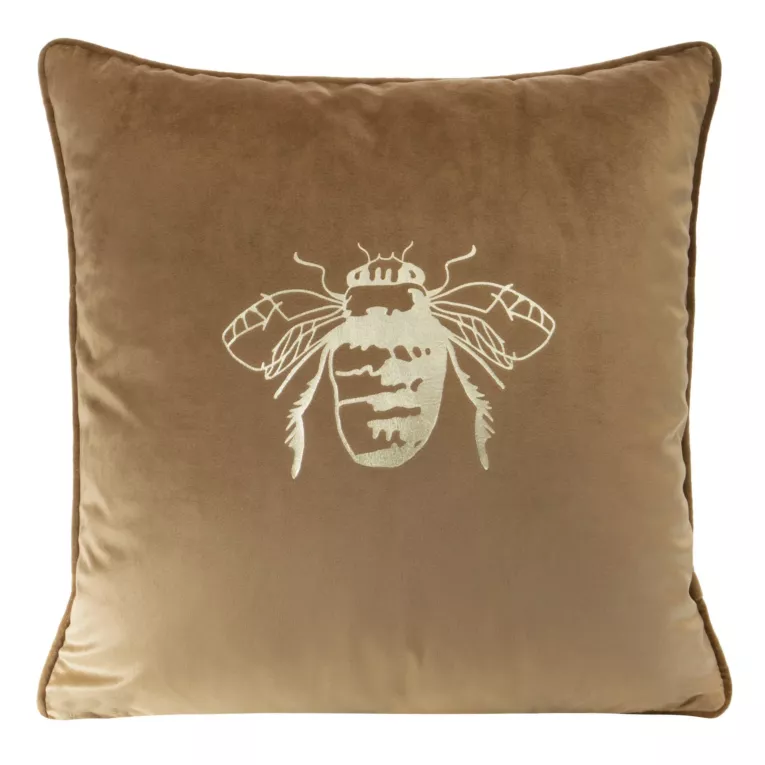 Poszewka na poduszkę 45x45 cm welwetowa kolor ciemnobeżowy z nadrukiem złotej pszczoły BLINK