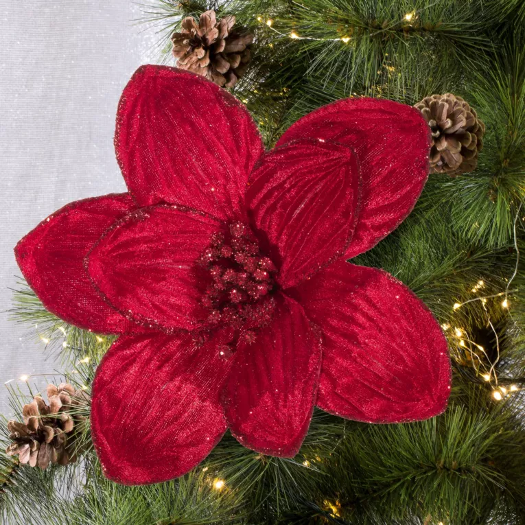 Świąteczny kwiat dekoracyjny z welwetu zdobiony brokatem