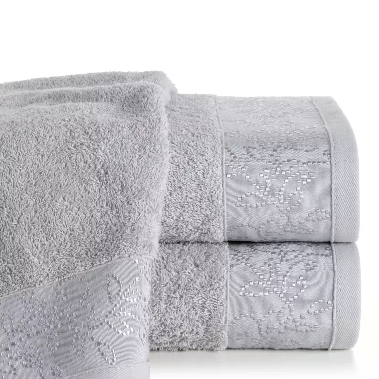 Ręcznik kąpielowy 50x90 cm bawełniany kolor srebrny z żakardową bordiurą 500 g/m2 RITA