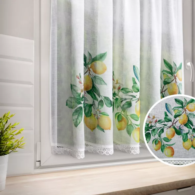 Zazdrostka biało, zielona z etaminy zdobiona nadrukiem cytryn 90x150 cm tunel CLOE