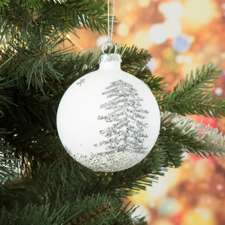 Szklana bombka ręcznie zdobiona brokatowymi choinkami