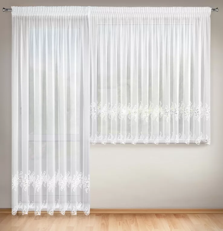 Komplet białych firan 2 szt z tkaniny typu markizeta zdobiona haftem roślinnym 400x160 cm/ 200x250 cm taśma IRIS