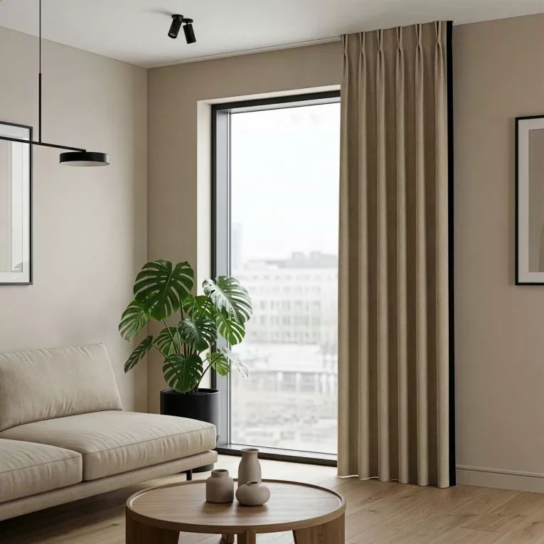 Zasłona beżowo, czarna 55x256 cm o widocznym grubym splocie z ozdobną obszywką flex 1:2