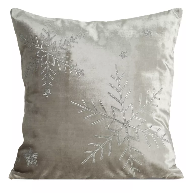 Poszewka na poduszkę świąteczna 45x45 cm beżowo, srebrna welwetowa zdobiona motywem śnieżynek z lśniących kryształków