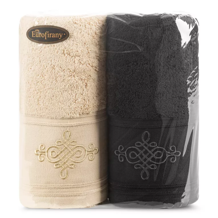 Zestaw ręczników bawełnianych na prezent 2 szt 50x90 cm kolor beżowy, czarny z ornamentowym haftem