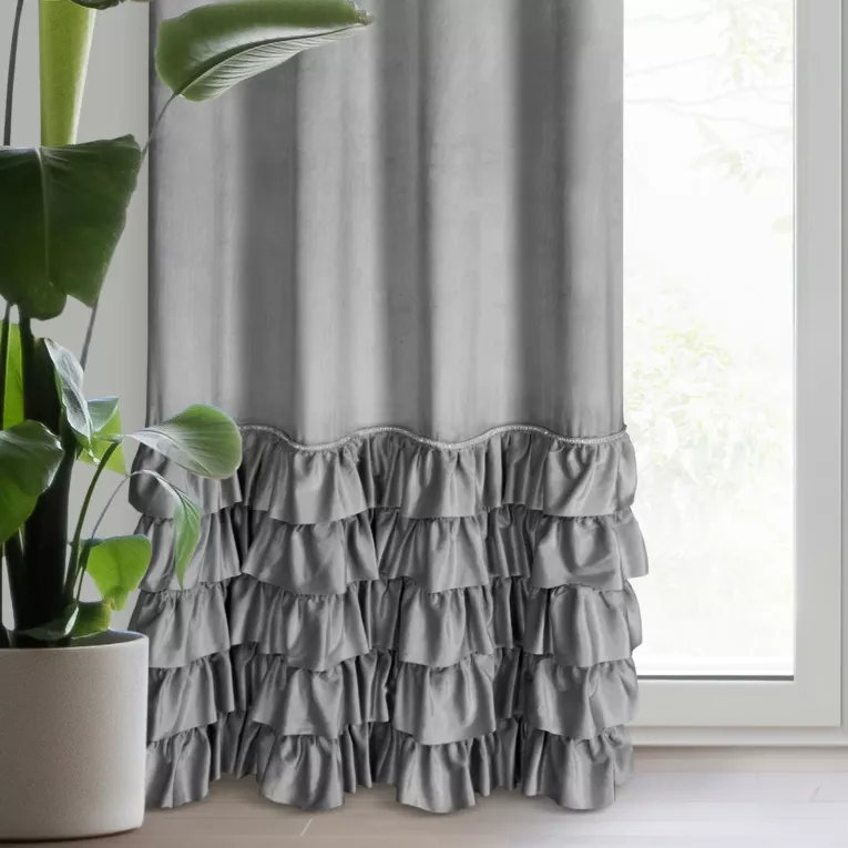 Zasłona welwetowa srebrna zdobiona falbanami i lśniącymi akcentami 140x250 cm przelotka - CARLI