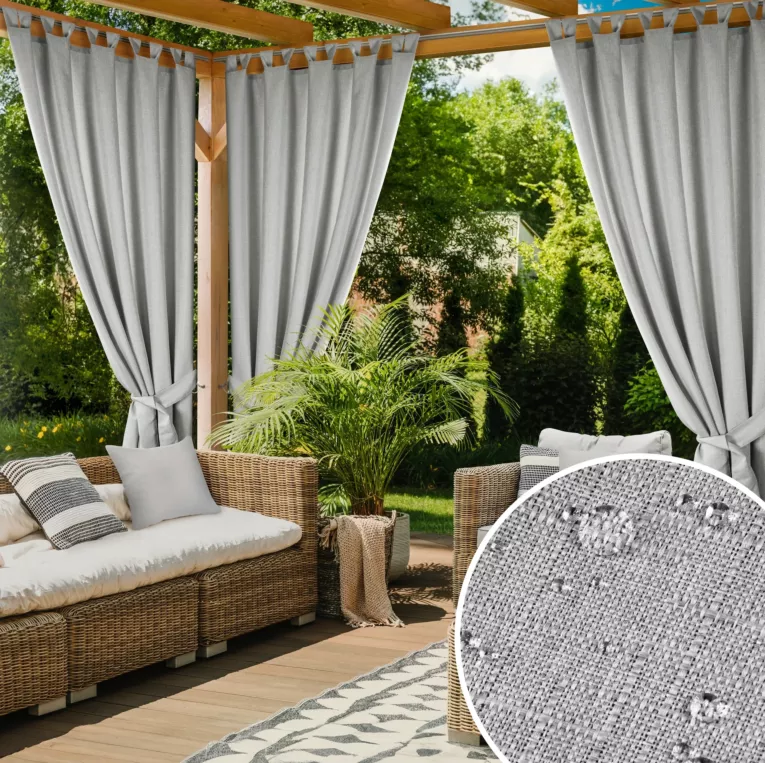 Zasłona srebrna z wodoodpornej tkaniny idealna do ogrodu i na taras 155x220 cm szelki/rzep GARDEN