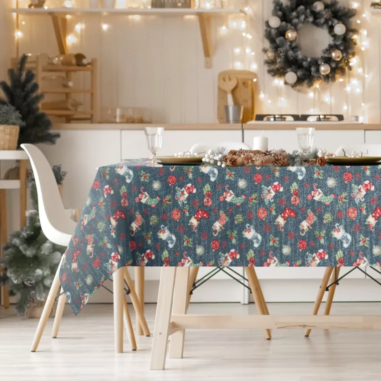 Obrus garantowo, złoty 140x180 cm gobelinowy GIFT z motywem świątecznym