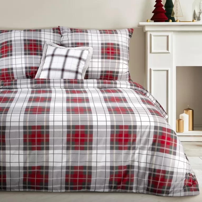 Pościel świąteczna 160x200 cm bawełniana kolor biały, bordowy wzór w kratę ASPEN