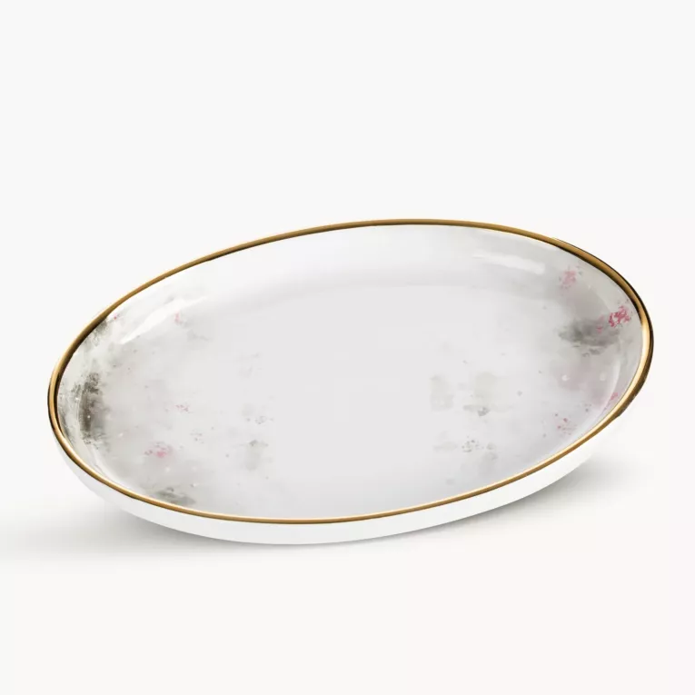 Patera dekoracyjna biało, srebrna zdobiona subtelnym wzorem 27x19x3 cm LUMIA