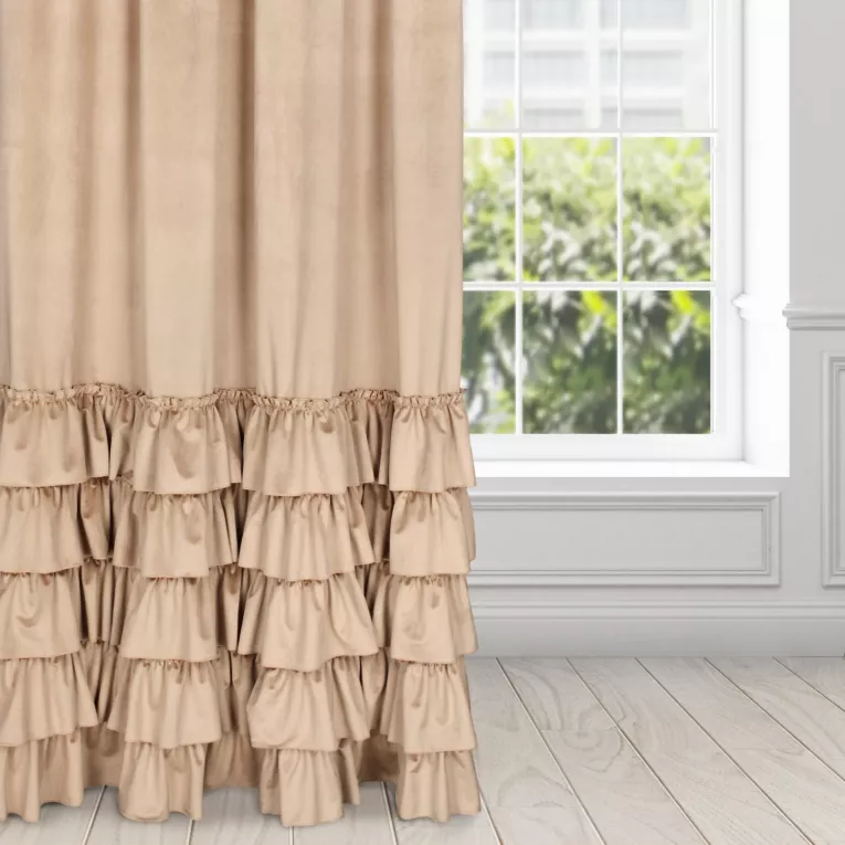 Zasłona welwetowa ciemnobeżowy zdobiona falbanami 140x270 cm taśma - CHARLOTTE