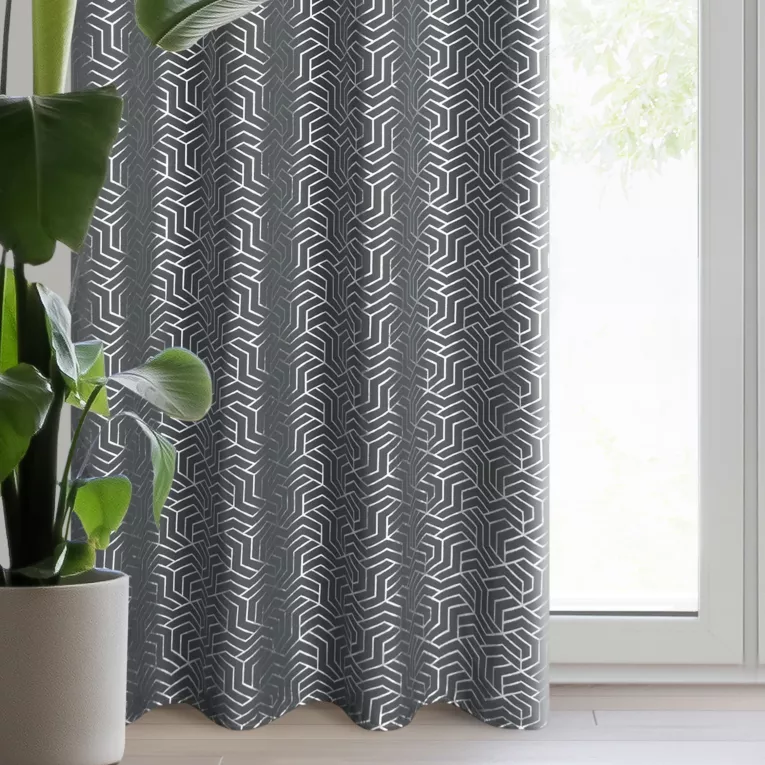 Zasłona stalowo, srebrzysta zdobiona nadrukiem geometrycznym 140x250 cm przelotka - SEMI