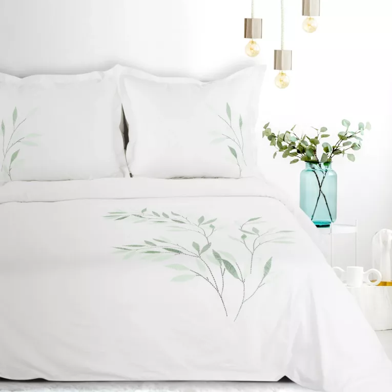Pościel 160x200 cm bawełniana kolor biały, zielony zdobiona haftowanym wzorem listków Eurofirany Premium