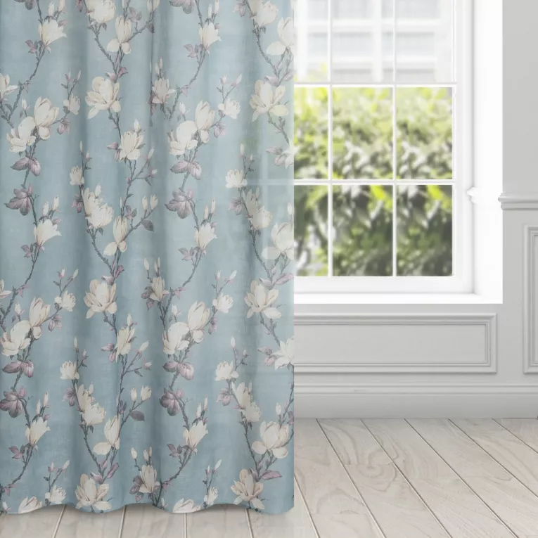 Dekoracja okienna błękitno, kremowa z etaminy w stylu eko z motywem kwiatów 140x250 cm przelotka - LUNA