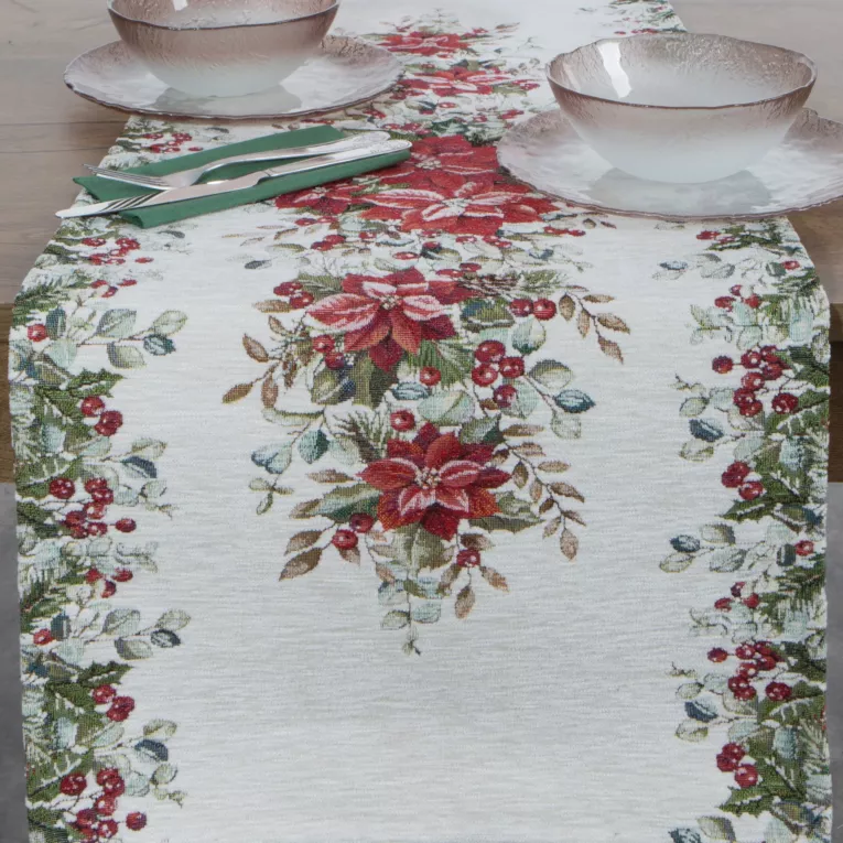 Świąteczny bieżnik kolor naturalno, zielony 40x100 cm z szenilowej tkaniny zdobiony świątecznym motywem