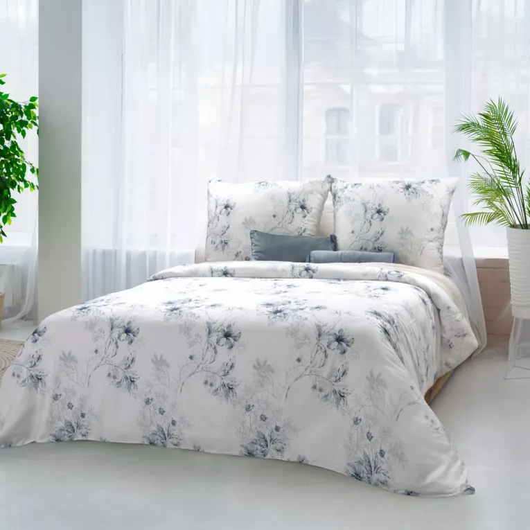 Pościel 140x200 cm komplet 2 częściowy satyna bawełniana kolor biały,  niebieski z motywem roślinnym  SPRING 93