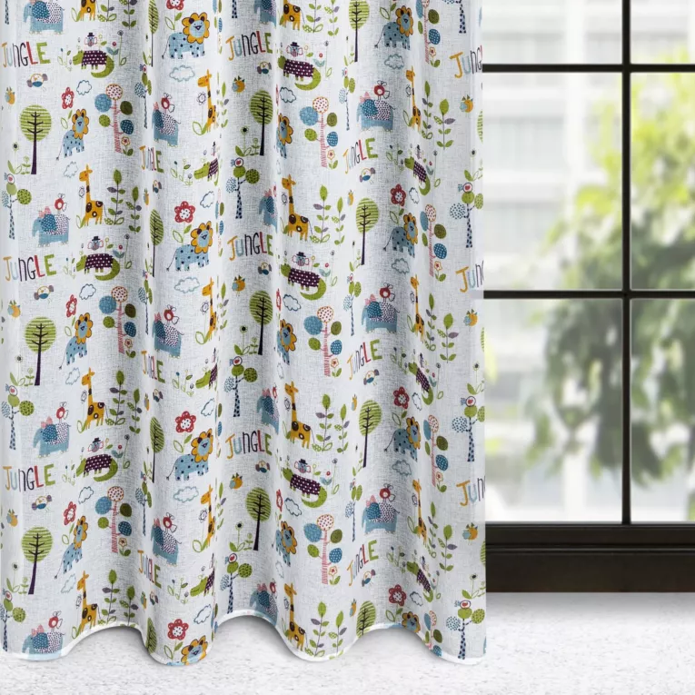 Dekoracja okienna biało, niebieska z etaminy z nadrukiem z kolorowymi zwierzątkami 140x250 cm przelotka - BILLY