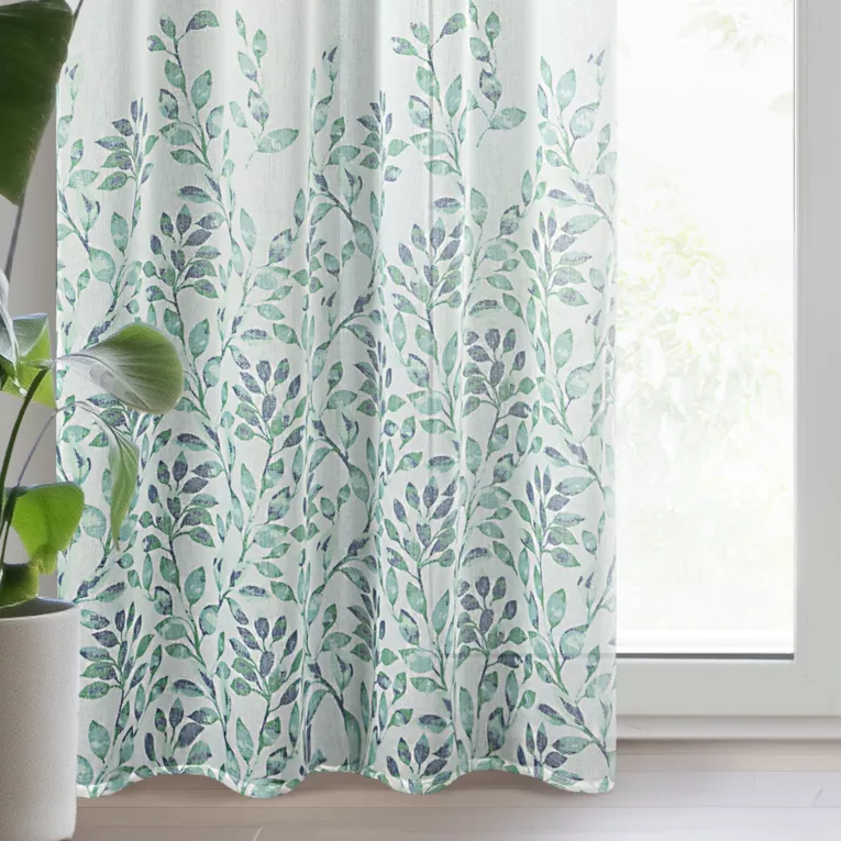 Dekoracja okienna biało, zielona z lekkiej etaminy z nadrukiem gałązek 140x270 cm taśma CLARISSA Design 91