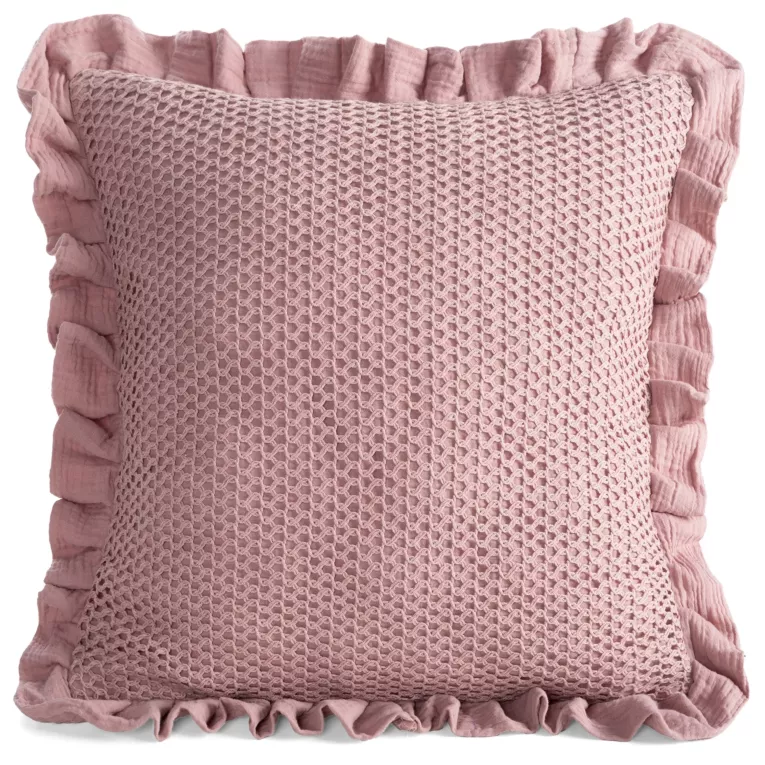 Poszewka na poduszkę 45x45 cm muślinowa z siateczką oraz ozdobną falbanką na brzegach pudrowa MUŚLIN 2