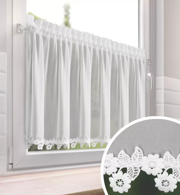 Zazdrostka biała z szyfonu zdobiona haftowaną aplikacją 60x150 cm taśma - LILI