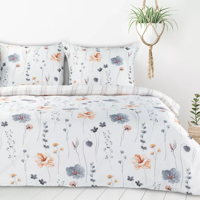 Pościel 220x200 cm z mieszanki włókien kolor biały, stalowy z nadrukiem kwiatów LEA10 Design 91