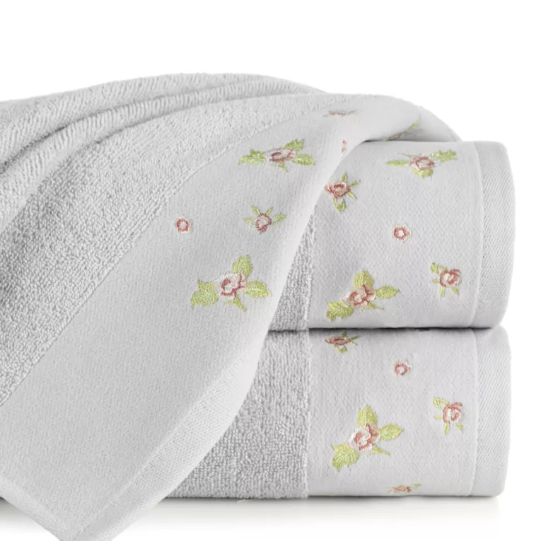 Ręcznik kąpielowy 50x90 cm bawełniany kolor srebrny zdobiony haftem różyczek DALIA