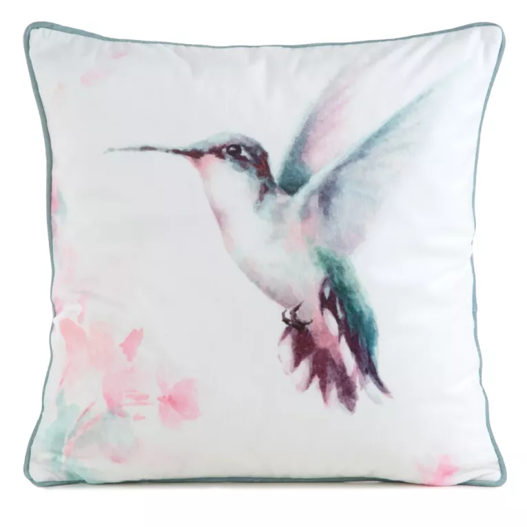 Poszewka na poduszkę 45x45 cm welwetowa, kremowo pudrowa. dwustronna z motywem koliberka VELEVT 138 Eurofirany Premium