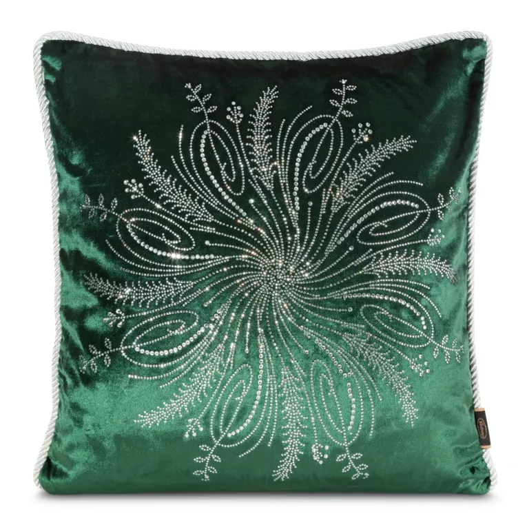 Poszewka na poduszkę 45x45 cm welwetowa, ciemnozielona zdobiona drobnymi kryształkami i srebrnym sznurem na brzegach ROYAL 7
