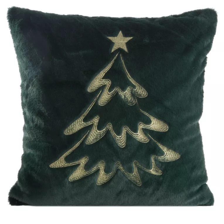 Poszewka na poduszkę świąteczna 45x45 cm ciemnozielono, szampańska  z przyjemnego futerka zdobiona haftem choinki