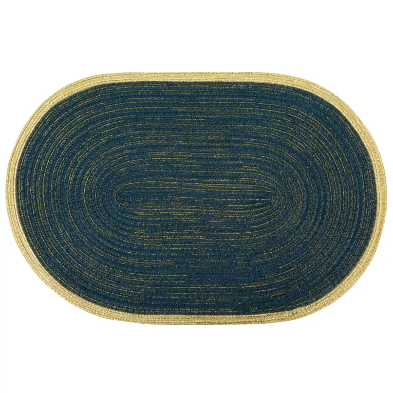 Podkładka owalna na stół granatowo 30 x 45 cm TIRANA strukturalna przetykana złotą nicią z ozdobną lamówką