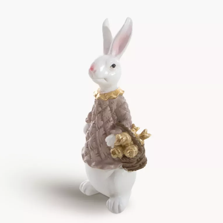 Wielkanocna figurka dekoracyjna zajączek w sweterku biało, beżowej kolorystyce