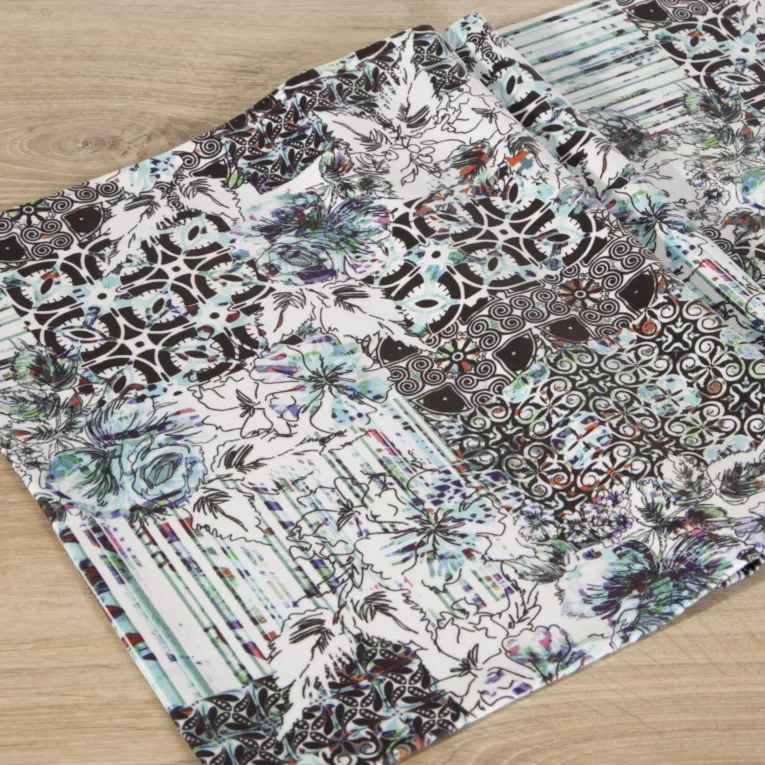 Bieżnik na stół biało, czarny 35x140 cm welwetowy DORIT z trójwymiarowym nadrukiem